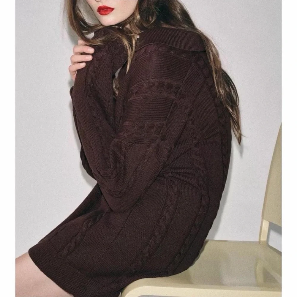 Zara Cable Knit Collared Henley Polo Oversized Sweater in Chocolate Brown - S